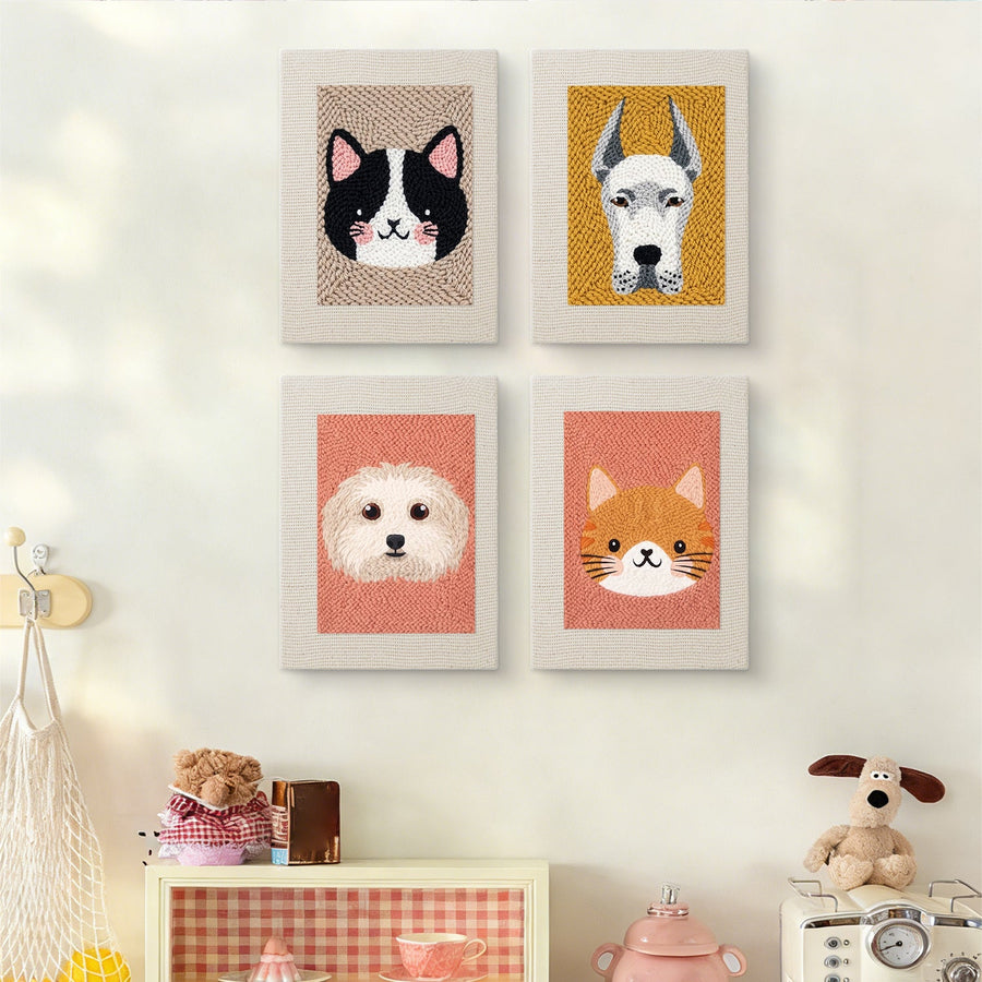 The four Pet Portraits mini canvases on a wall above a shelf