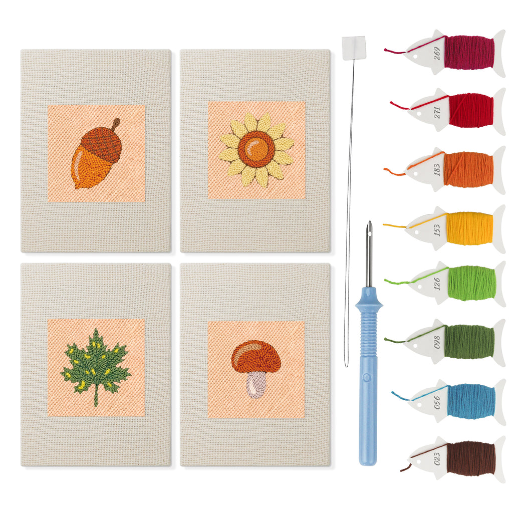 Acorn and Mushroom mini punch needle kit set: four finished canvases with threads, punch needle and threader
