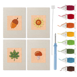 Acorn and Mushroom mini punch needle kit set: four finished canvases with threads, punch needle and threader