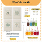 What is in the Acorn and Mushroom set: 4 printed canvases, punch needle, threader, threads, color guide and 4 sets of hangers (6 × 8 in (15 × 20 cm) each)