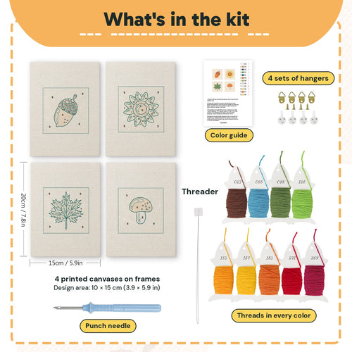 What is in the Acorn and Mushroom set: 4 printed canvases, punch needle, threader, threads, color guide and 4 sets of hangers (6 × 8 in (15 × 20 cm) each)