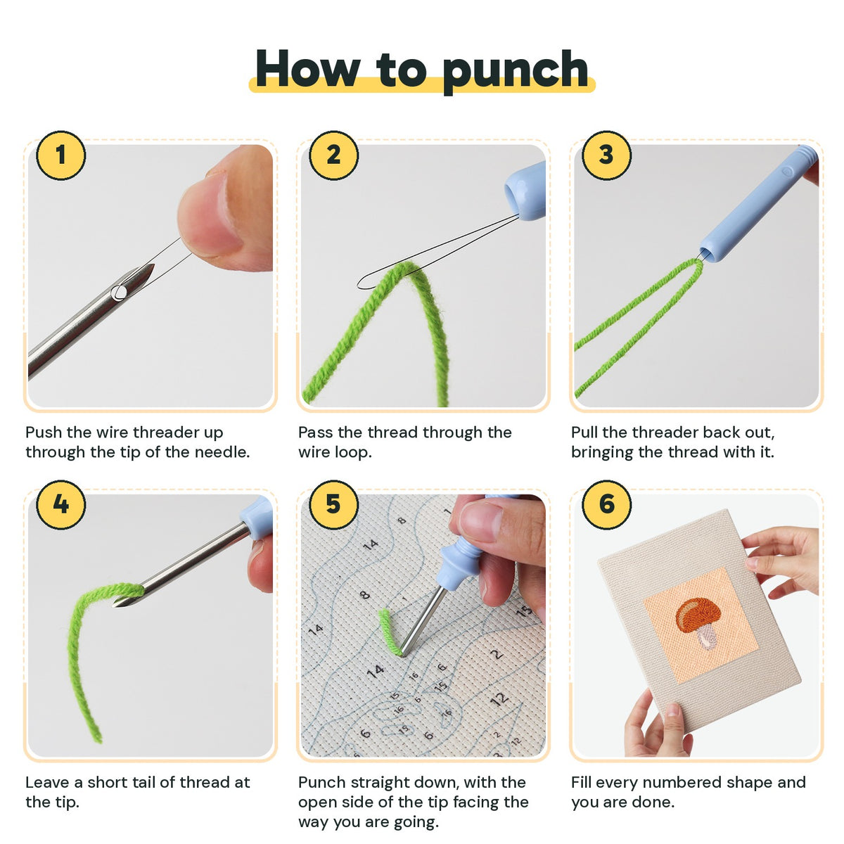 Six steps showing how to thread and use the punch needle