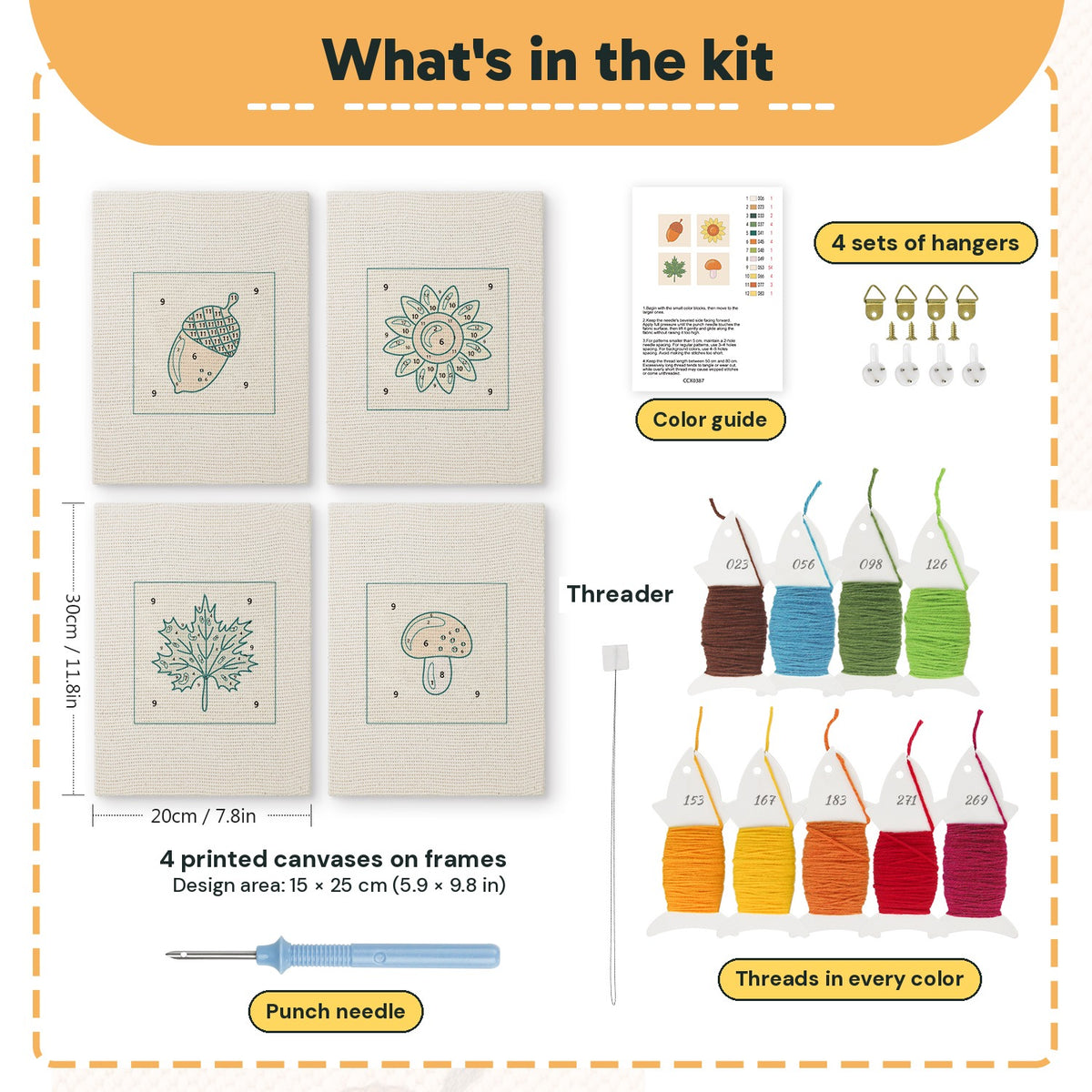 What is in the Acorn and Mushroom set, 8 × 12 in (20 × 30 cm) each: 4 printed canvases, punch needle, threader, threads, color guide and 4 sets of hangers