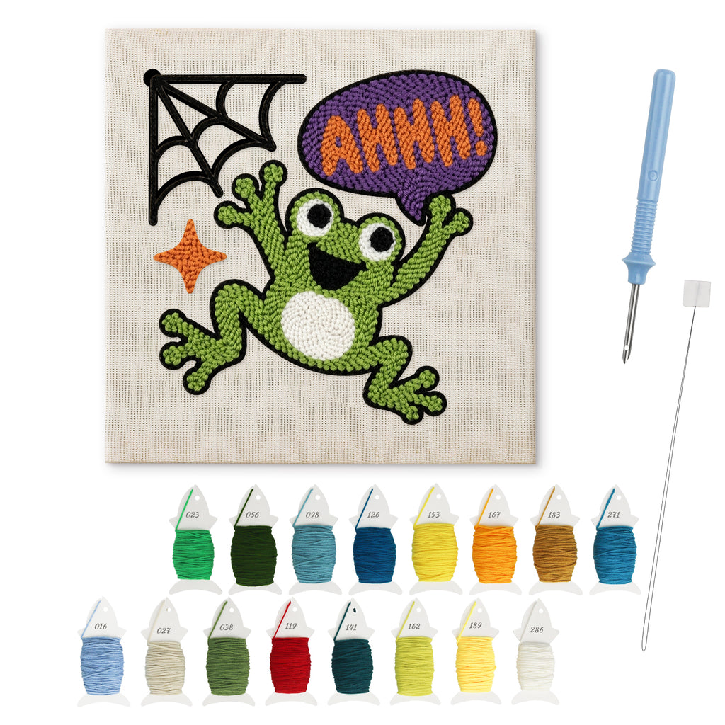 Ahhh Frog punch needle kit: finished canvas with threads, punch needle and threader