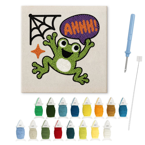Ahhh Frog punch needle kit: finished canvas with threads, punch needle and threader