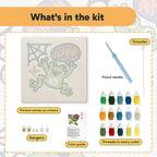 What is in the Ahhh Frog kit: printed canvas, punch needle, threader, threads, color guide and hangers