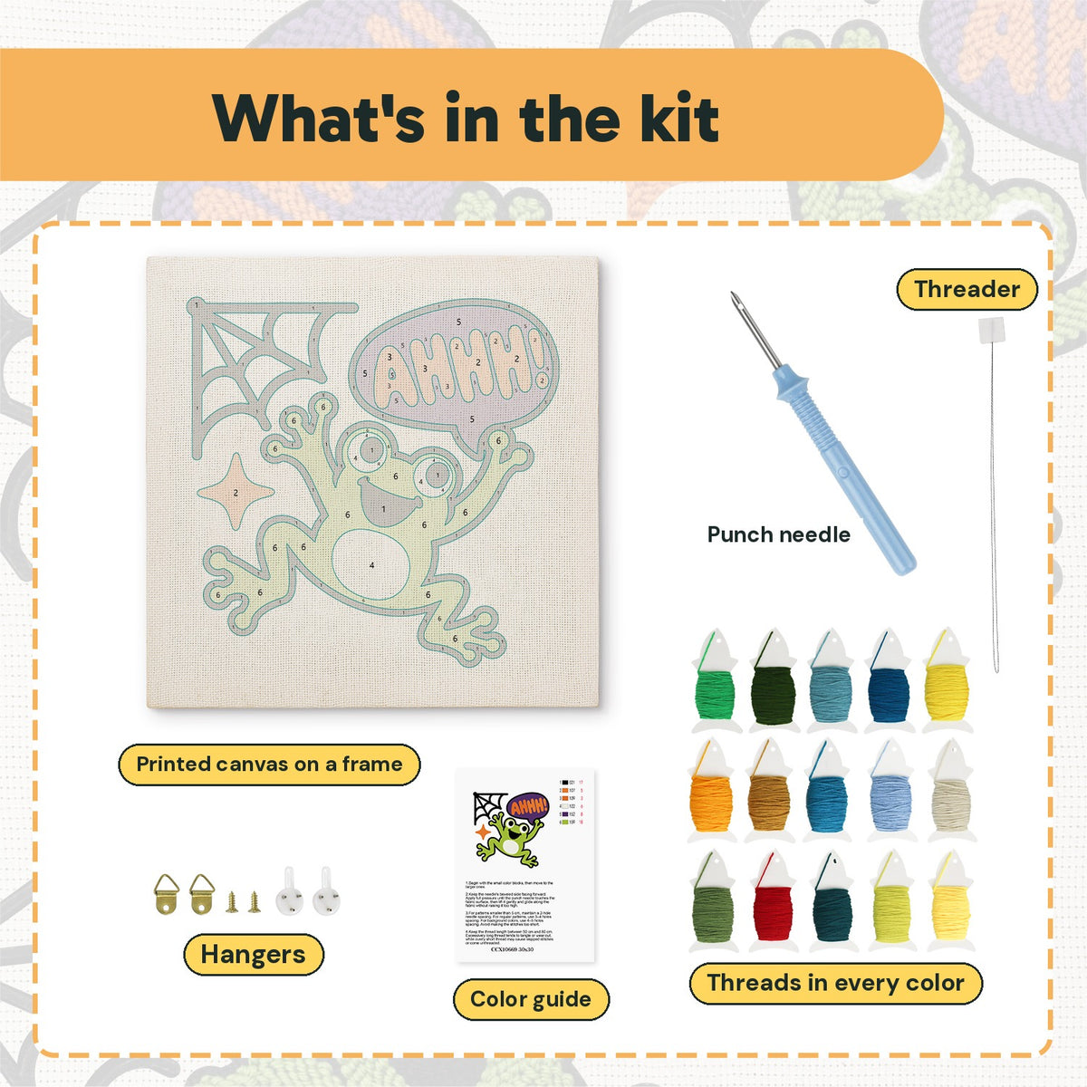 What is in the Ahhh Frog kit: printed canvas, punch needle, threader, threads, color guide and hangers
