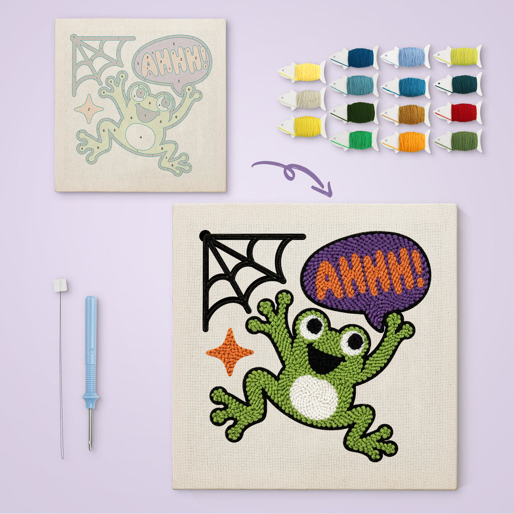 Ahhh Frog canvas before and after punching, with the threads and tools