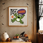 Finished Ahhh Frog punch needle canvas on a wall