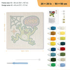 Ahhh Frog punch needle kit, 20 × 20 in (50 × 50 cm): canvas size and kit contents