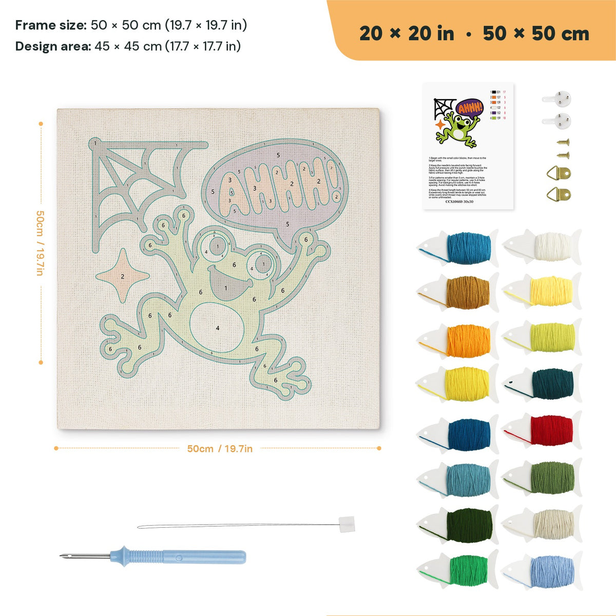 Ahhh Frog punch needle kit, 20 × 20 in (50 × 50 cm): canvas size and kit contents