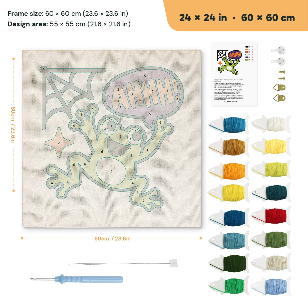 Ahhh Frog punch needle kit, 24 × 24 in (60 × 60 cm): canvas size and kit contents