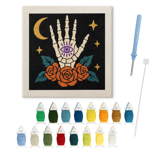 All-Seeing Bone Hand punch needle kit: finished canvas with threads, punch needle and threader
