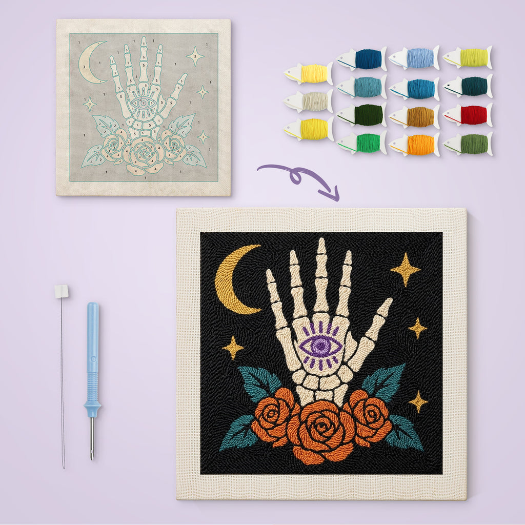 All-Seeing Bone Hand canvas before and after punching, with the threads and tools