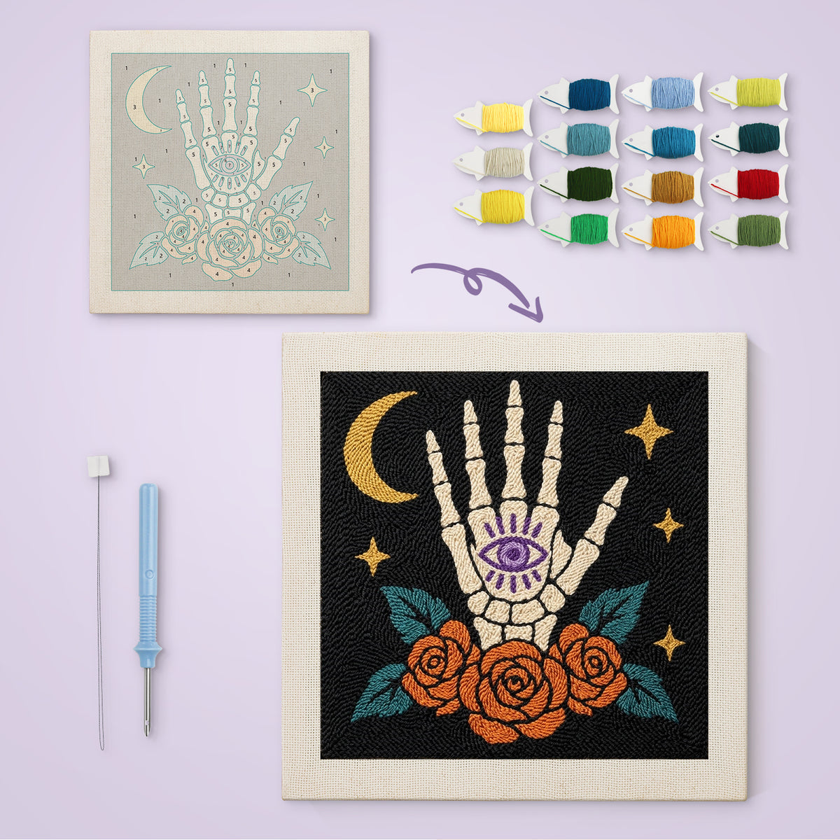All-Seeing Bone Hand canvas before and after punching, with the threads and tools