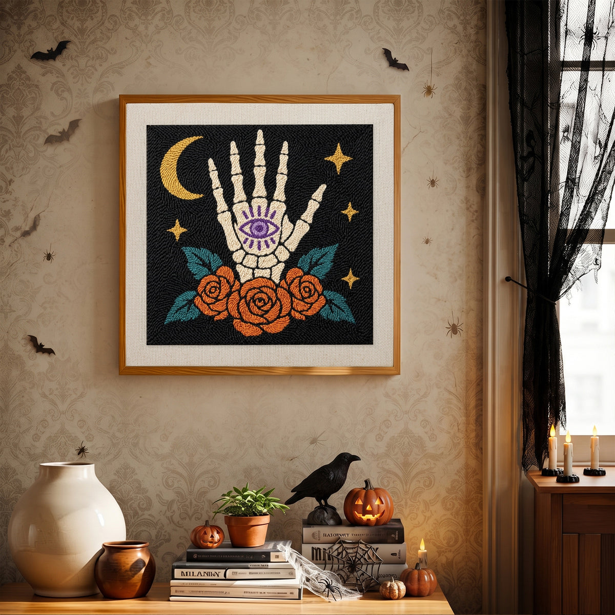 Finished All-Seeing Bone Hand punch needle canvas on a wall