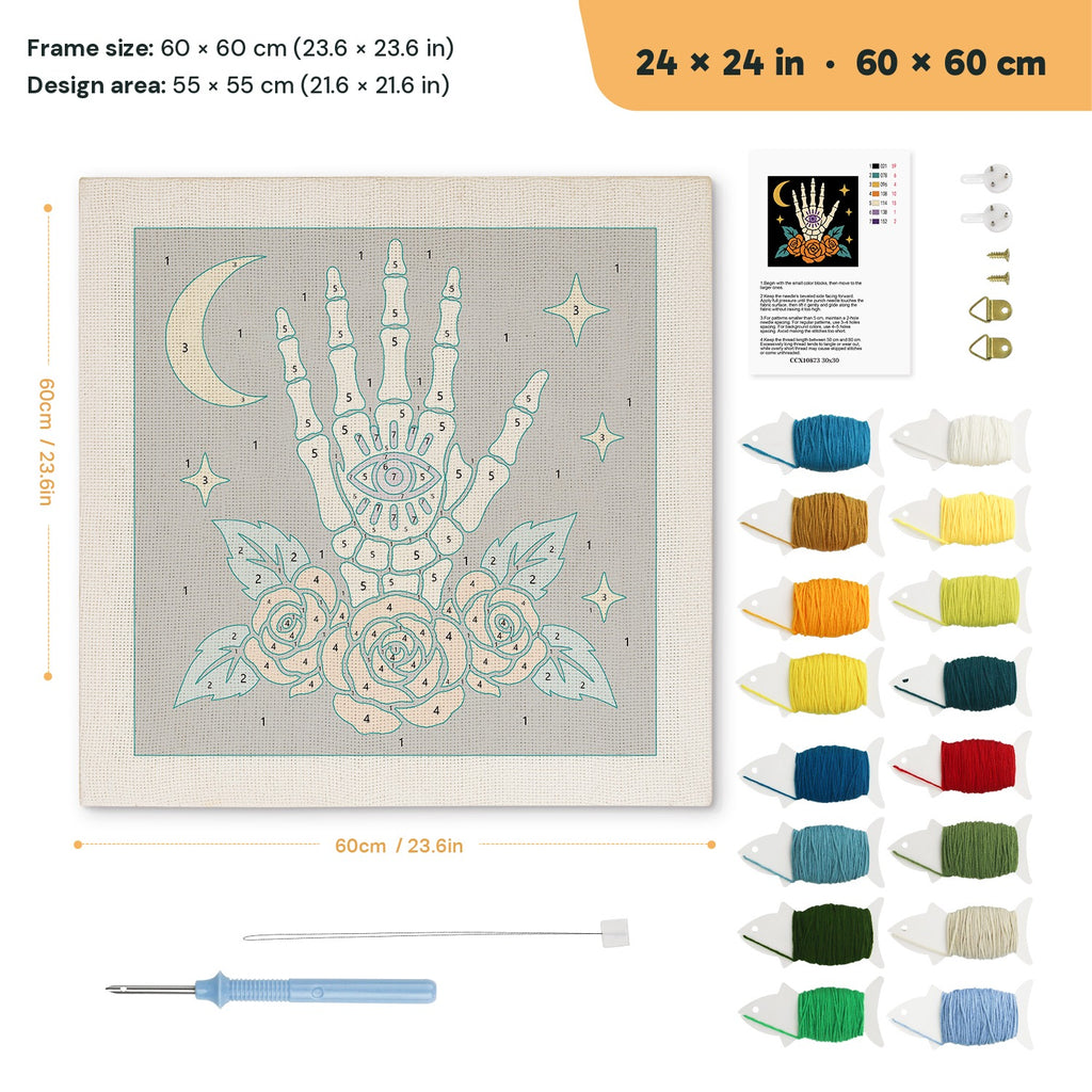 All-Seeing Bone Hand punch needle kit, 24 × 24 in (60 × 60 cm): canvas size and kit contents