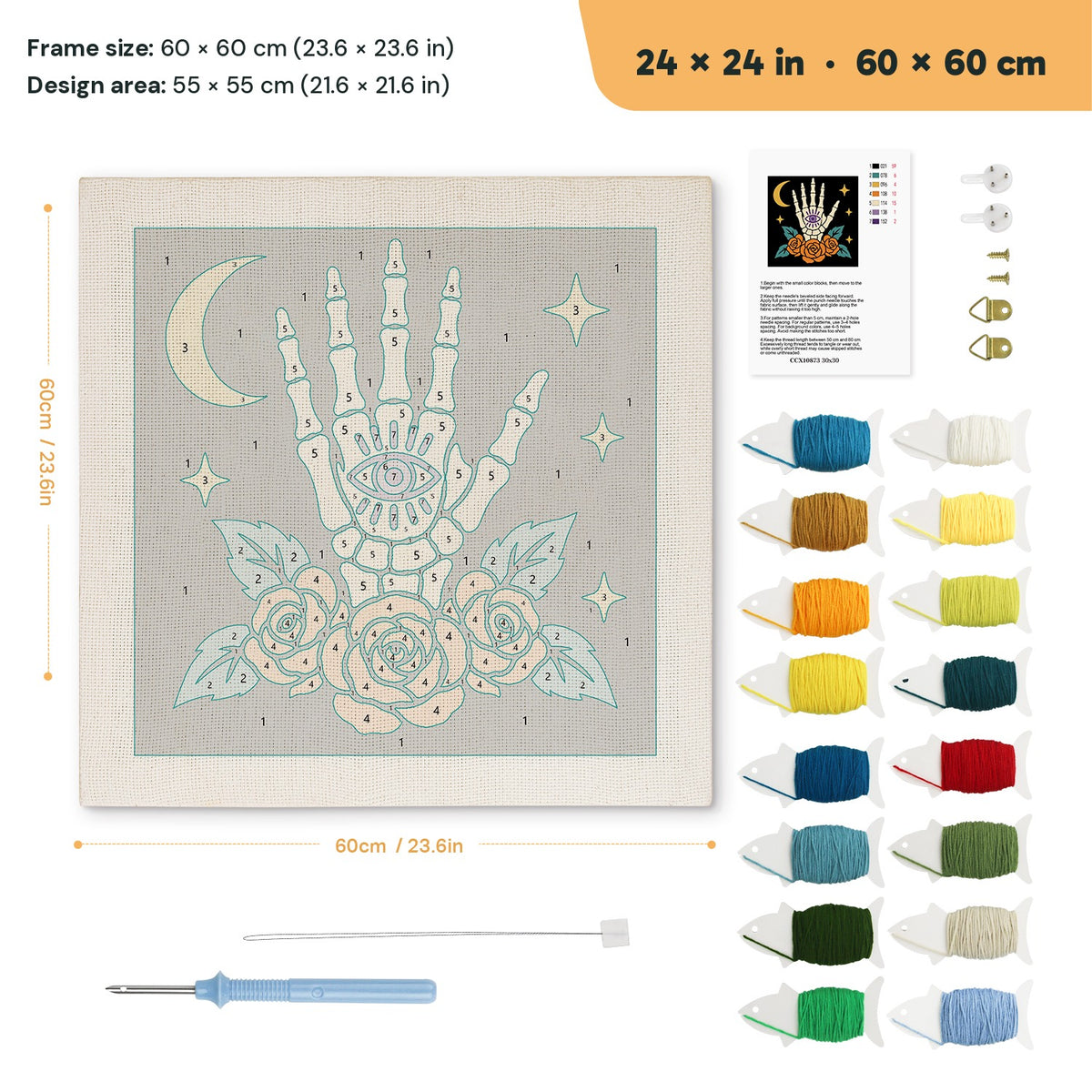 All-Seeing Bone Hand punch needle kit, 24 × 24 in (60 × 60 cm): canvas size and kit contents