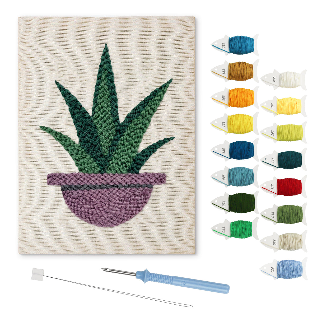 Aloe in Purple Bowl punch needle kit: finished canvas with threads, punch needle and threader