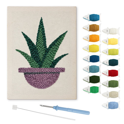 Aloe in Purple Bowl punch needle kit: finished canvas with threads, punch needle and threader