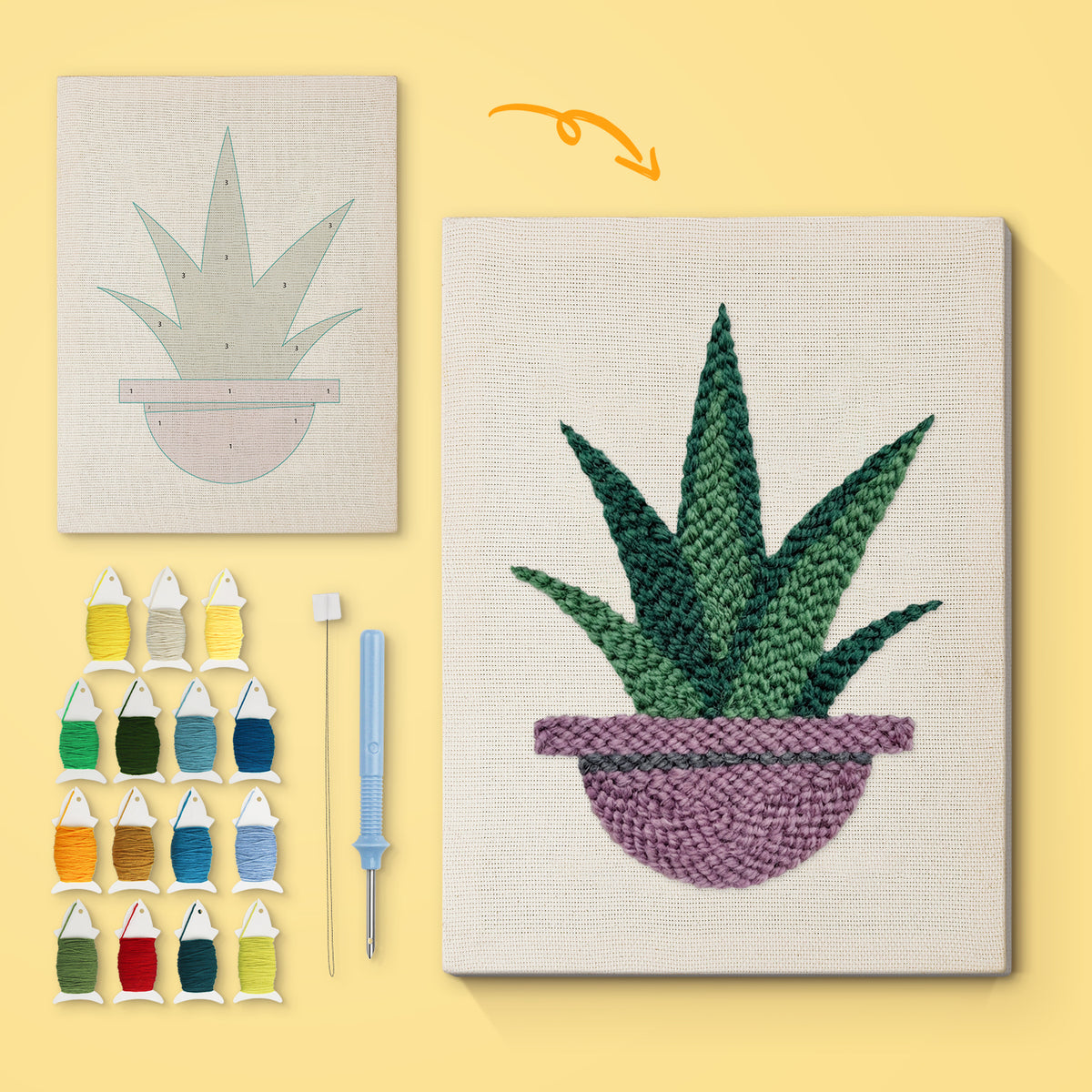 Aloe in Purple Bowl canvas before and after punching, with the threads and tools