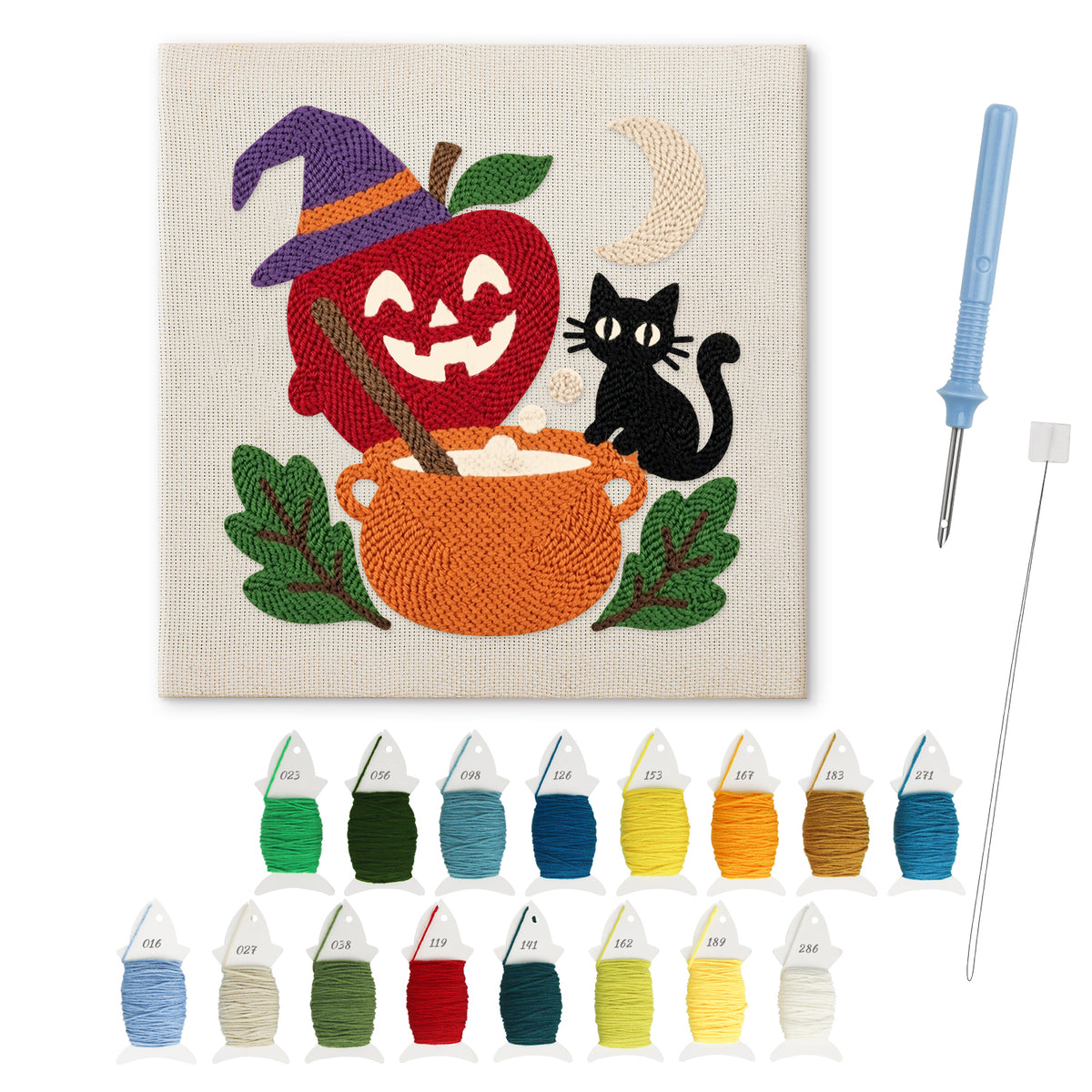 Apple Cauldron Cat punch needle kit: finished canvas with threads, punch needle and threader