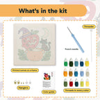 What is in the Apple Cauldron Cat kit: printed canvas, punch needle, threader, threads, color guide and hangers
