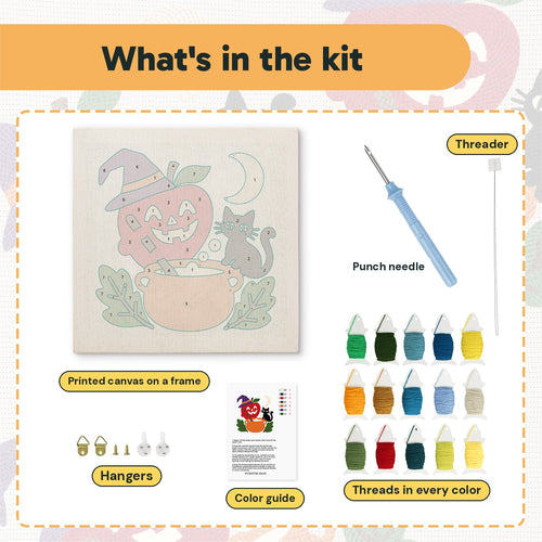 What is in the Apple Cauldron Cat kit: printed canvas, punch needle, threader, threads, color guide and hangers