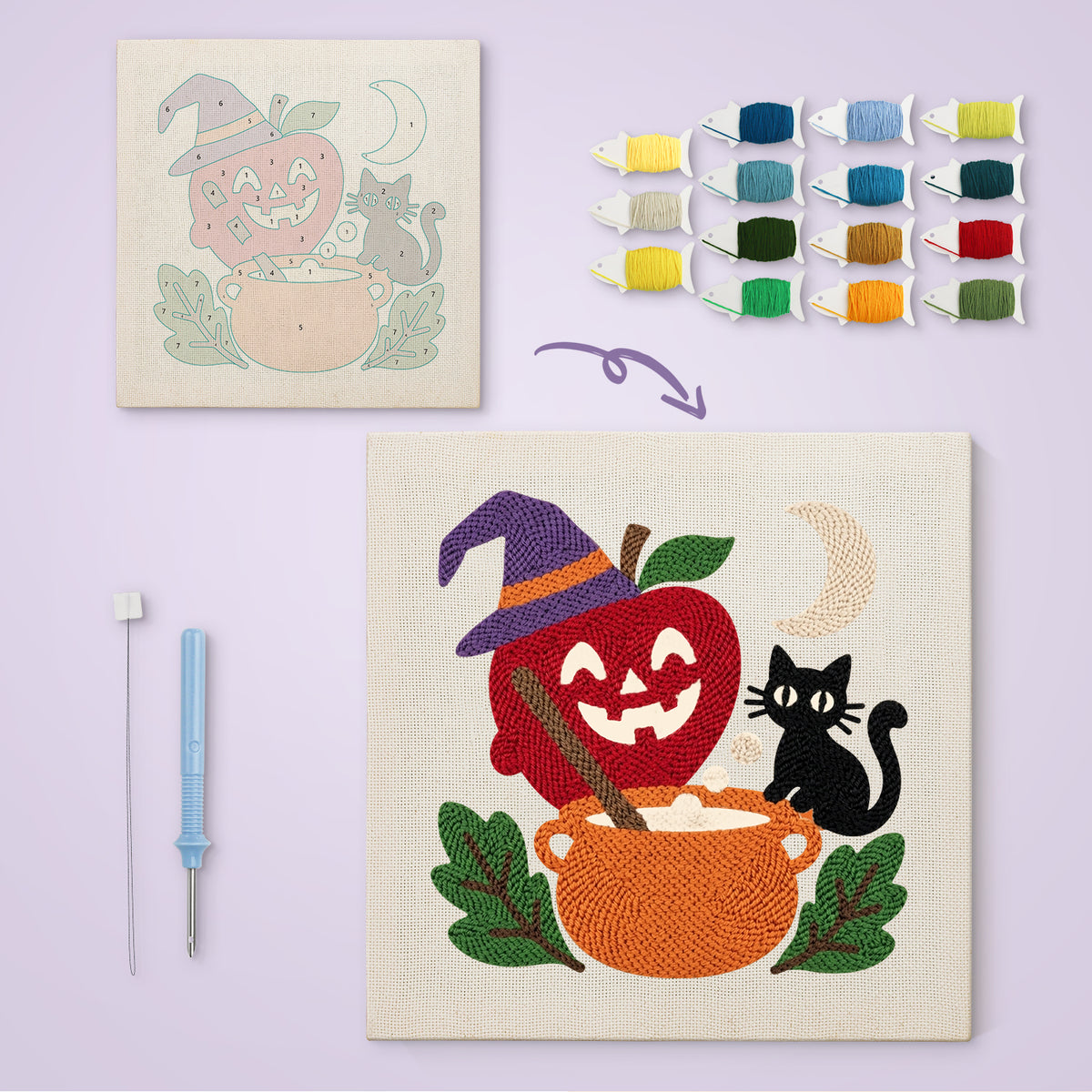 Apple Cauldron Cat canvas before and after punching, with the threads and tools