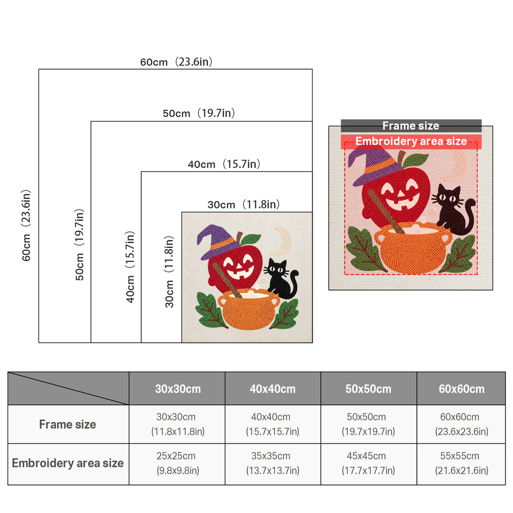Size chart for square punch needle kits from 30 x 30 cm to 60 x 60 cm