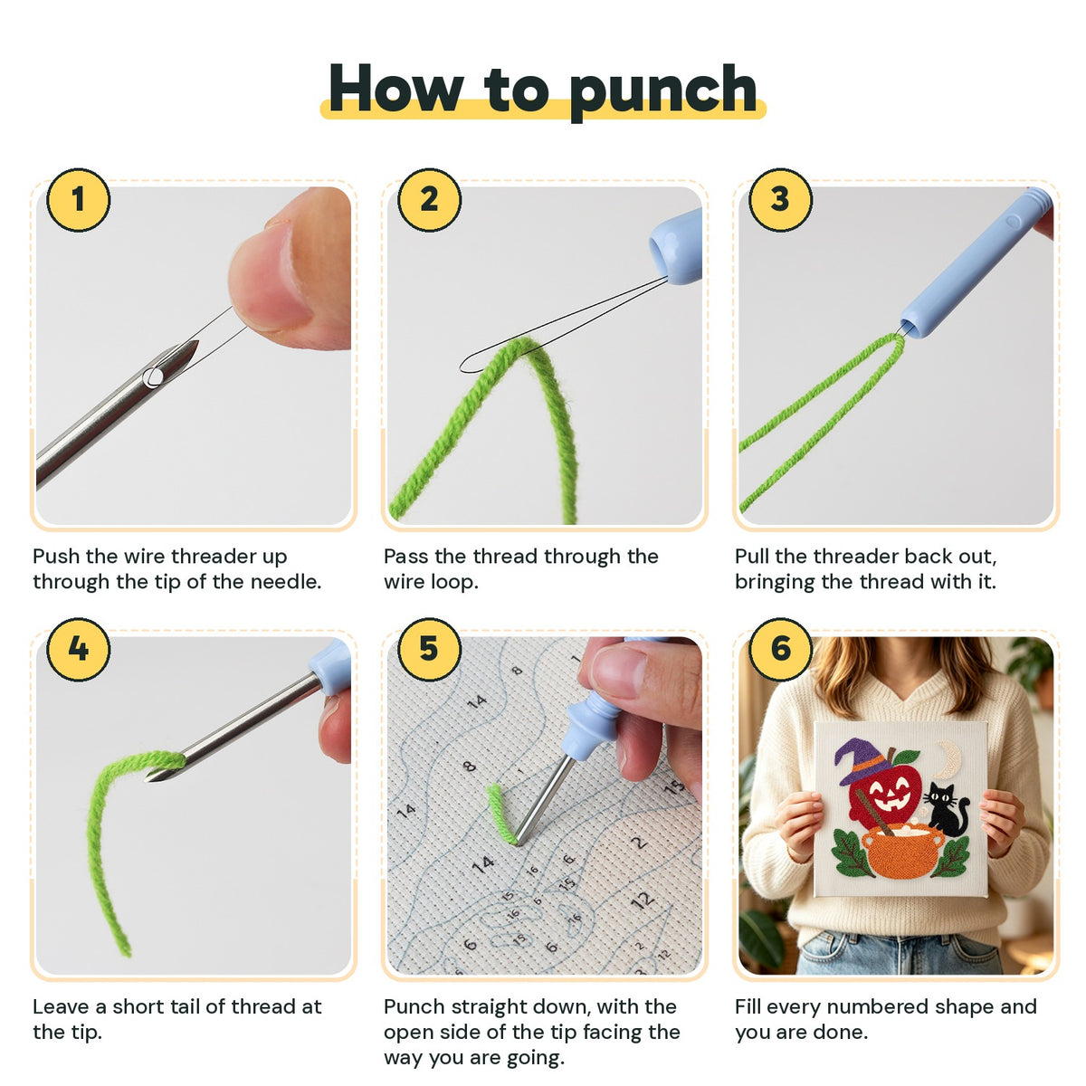 Six steps showing how to thread and use the punch needle