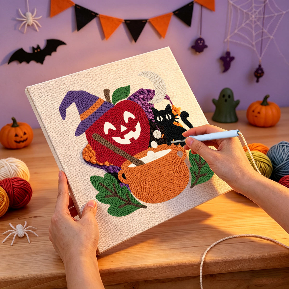 Punching the Apple Cauldron Cat design with the punch needle