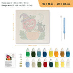 Apple Cauldron Cat punch needle kit, 16 × 16 in (40 × 40 cm): canvas size and kit contents