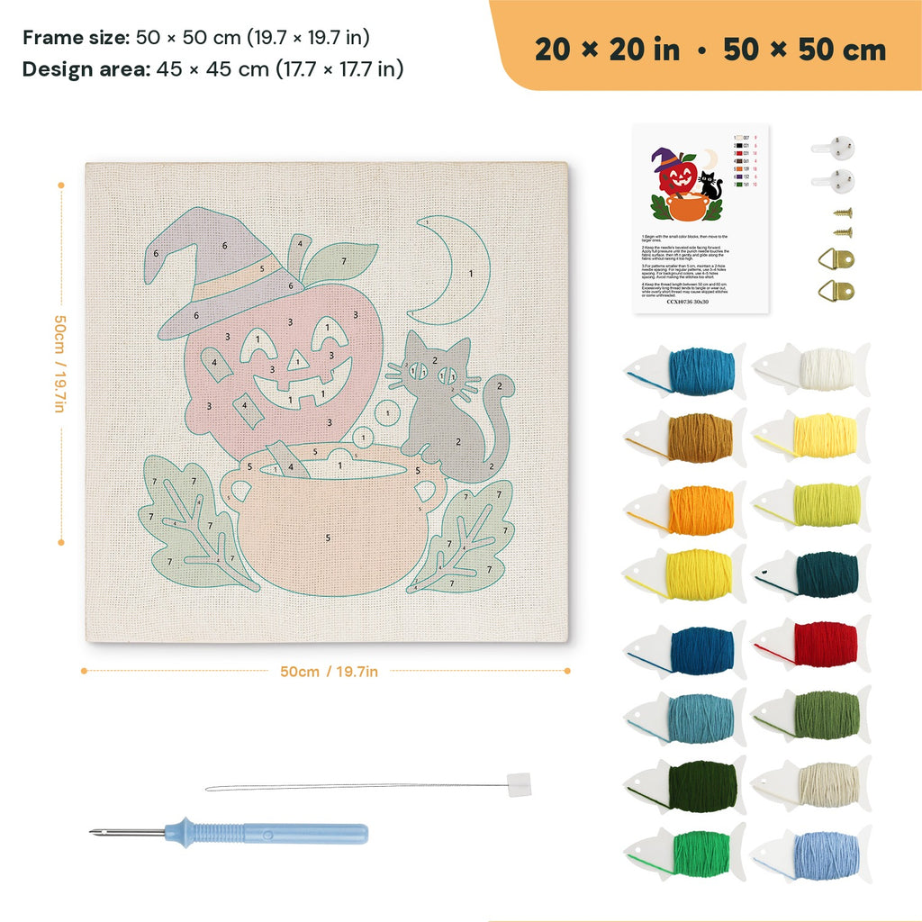 Apple Cauldron Cat punch needle kit, 20 × 20 in (50 × 50 cm): canvas size and kit contents