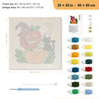 Apple Cauldron Cat punch needle kit, 20 × 20 in (50 × 50 cm): canvas size and kit contents