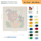 Apple Cauldron Cat punch needle kit, 24 × 24 in (60 × 60 cm): canvas size and kit contents