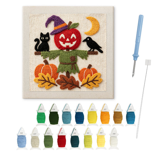 Apple Head Scarecrow punch needle kit: finished canvas with threads, punch needle and threader