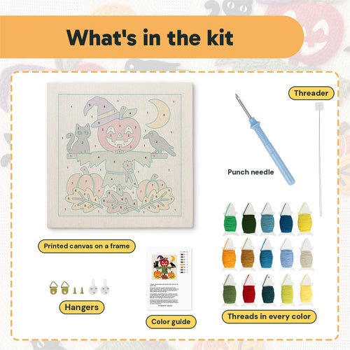 What is in the Apple Head Scarecrow kit: printed canvas, punch needle, threader, threads, color guide and hangers