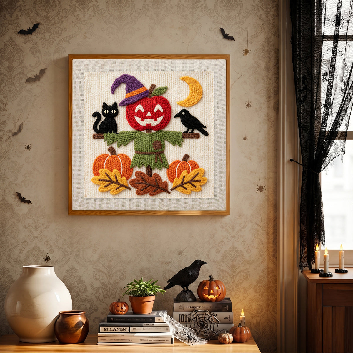 Finished Apple Head Scarecrow punch needle canvas on a wall