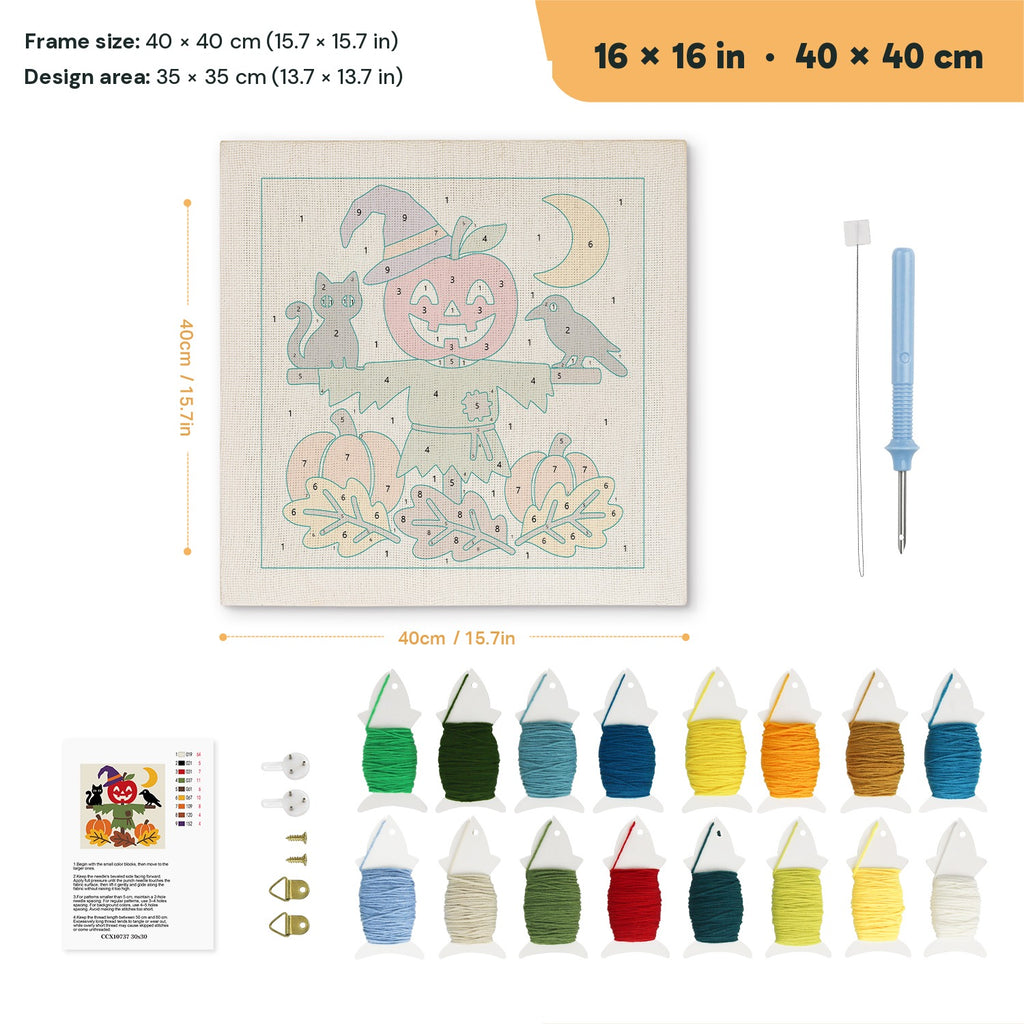 Apple Head Scarecrow punch needle kit, 16 × 16 in (40 × 40 cm): canvas size and kit contents