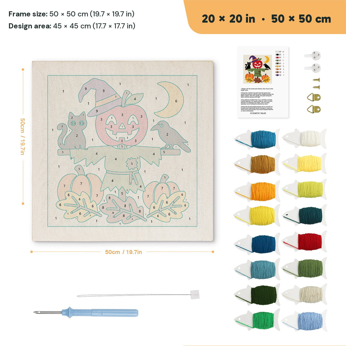 Apple Head Scarecrow punch needle kit, 20 × 20 in (50 × 50 cm): canvas size and kit contents