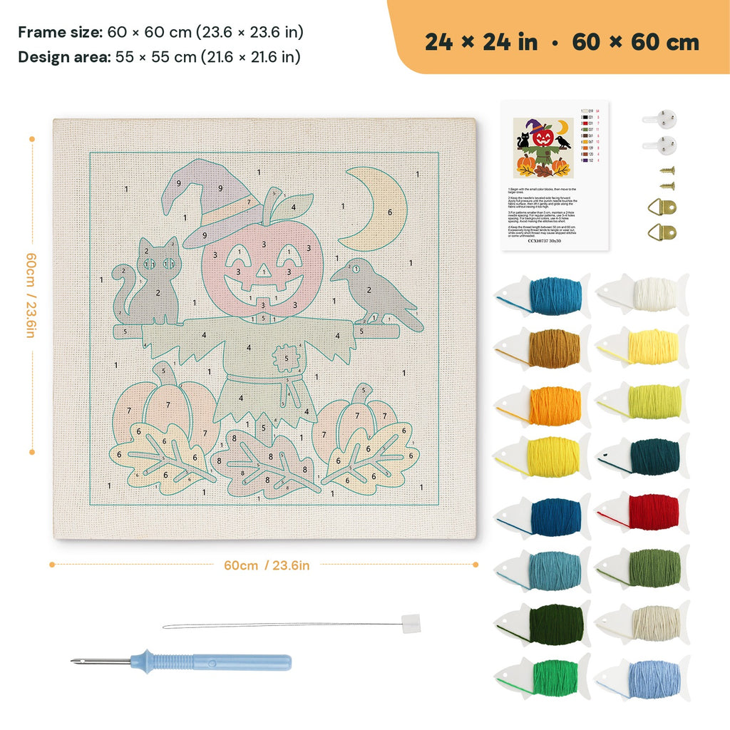 Apple Head Scarecrow punch needle kit, 24 × 24 in (60 × 60 cm): canvas size and kit contents