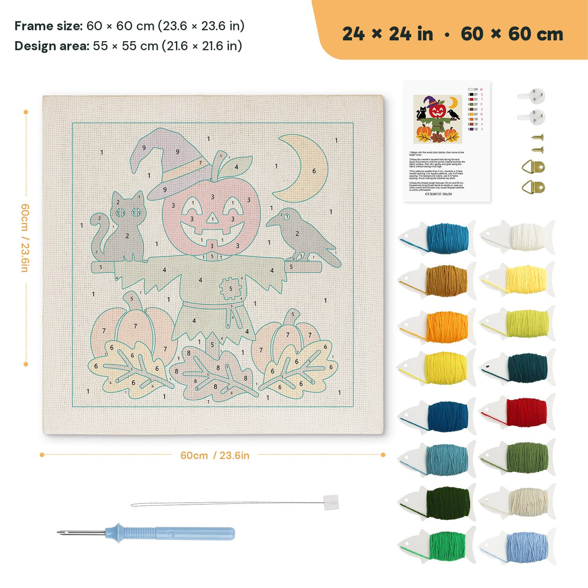 Apple Head Scarecrow punch needle kit, 24 × 24 in (60 × 60 cm): canvas size and kit contents