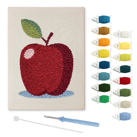 Apple on Blue punch needle kit: finished canvas with threads, punch needle and threader