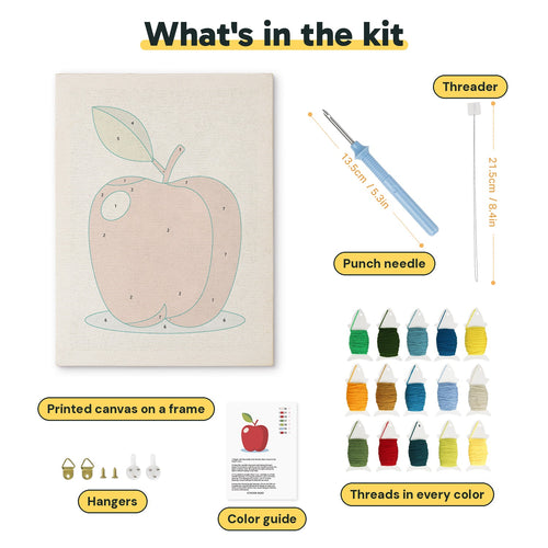 What is in the Apple on Blue kit: printed canvas, punch needle, threader, threads, color guide and hangers