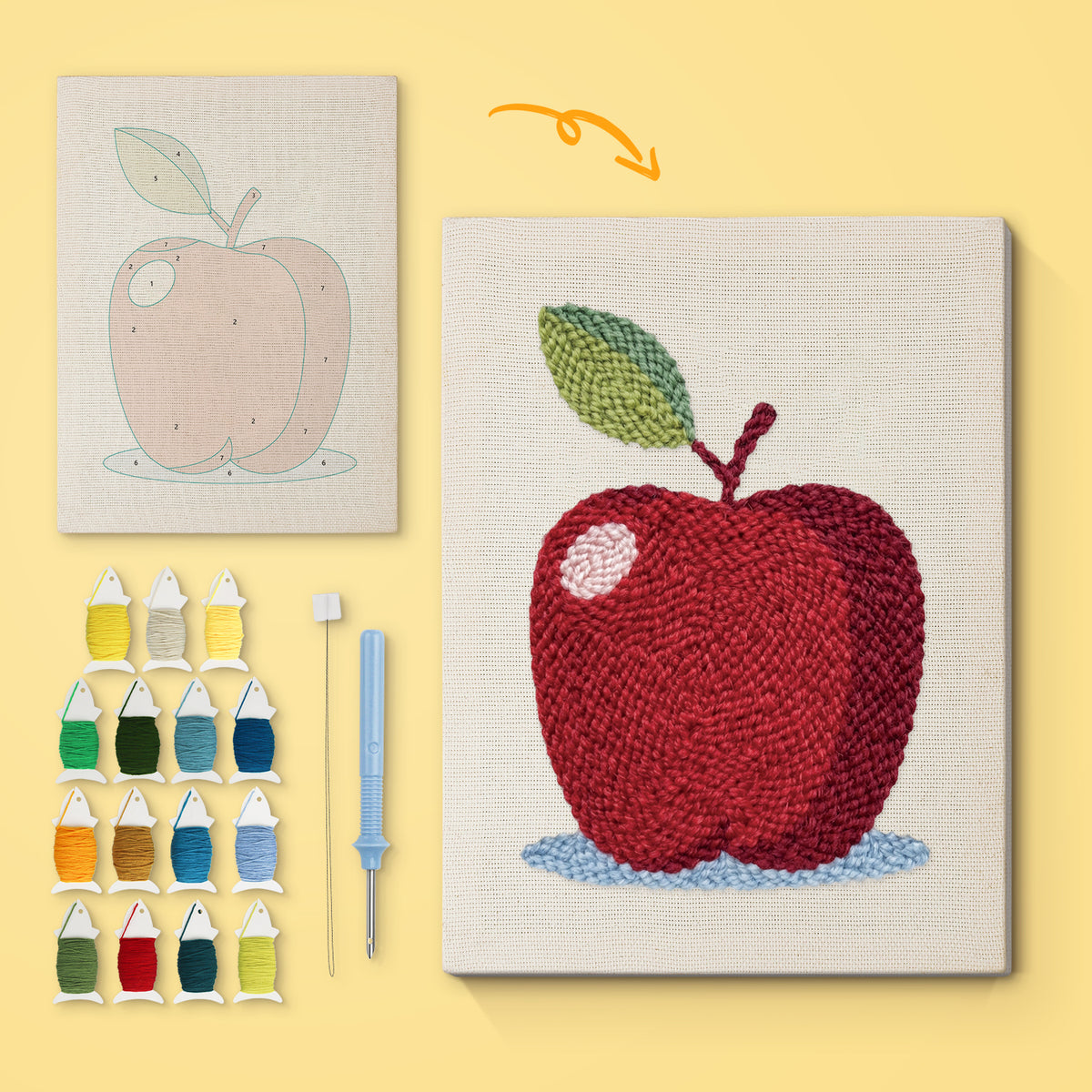 Apple on Blue canvas before and after punching, with the threads and tools