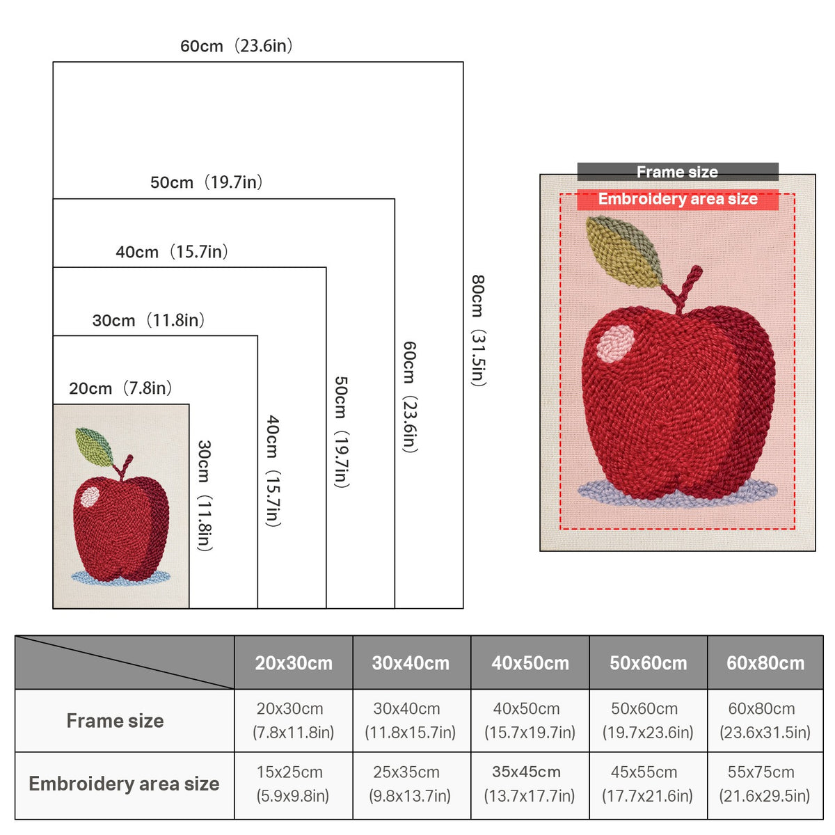 Size chart for punch needle kits from 20 x 30 cm to 60 x 80 cm