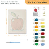 Apple on Blue punch needle kit, 12 × 16 in (30 × 40 cm): canvas size and kit contents
