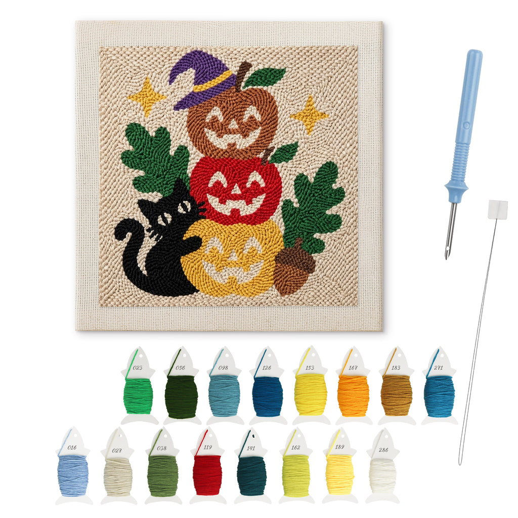 Apple Pumpkin Stack punch needle kit: finished canvas with threads, punch needle and threader
