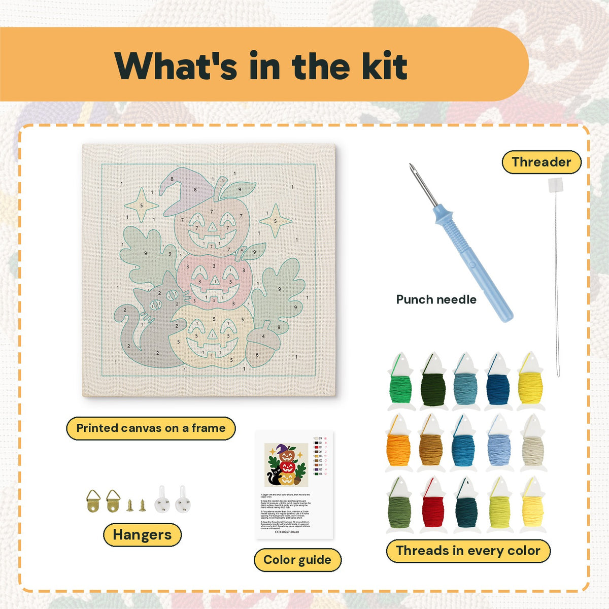 What is in the Apple Pumpkin Stack kit: printed canvas, punch needle, threader, threads, color guide and hangers